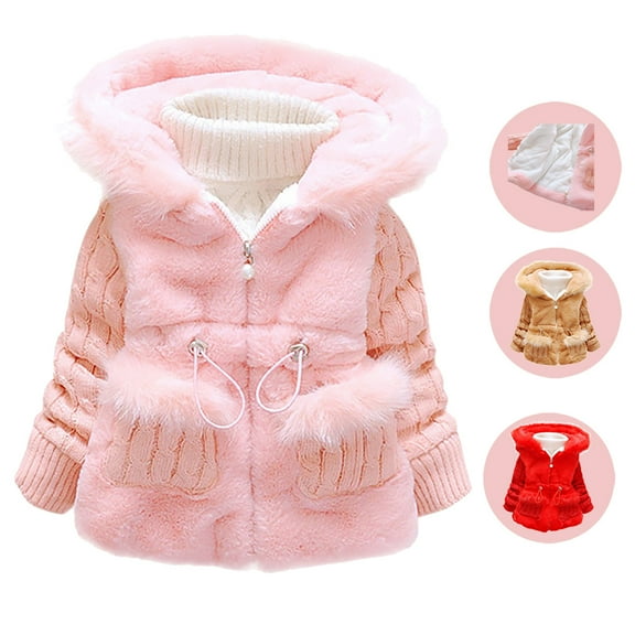 URMAGIC 1-4 Years Little Girls Winter Autumn Thicken Warm Jacket Coat Toddler Kids Solid Fleece Hooded Overcoat Zip-UP Slim Outwear