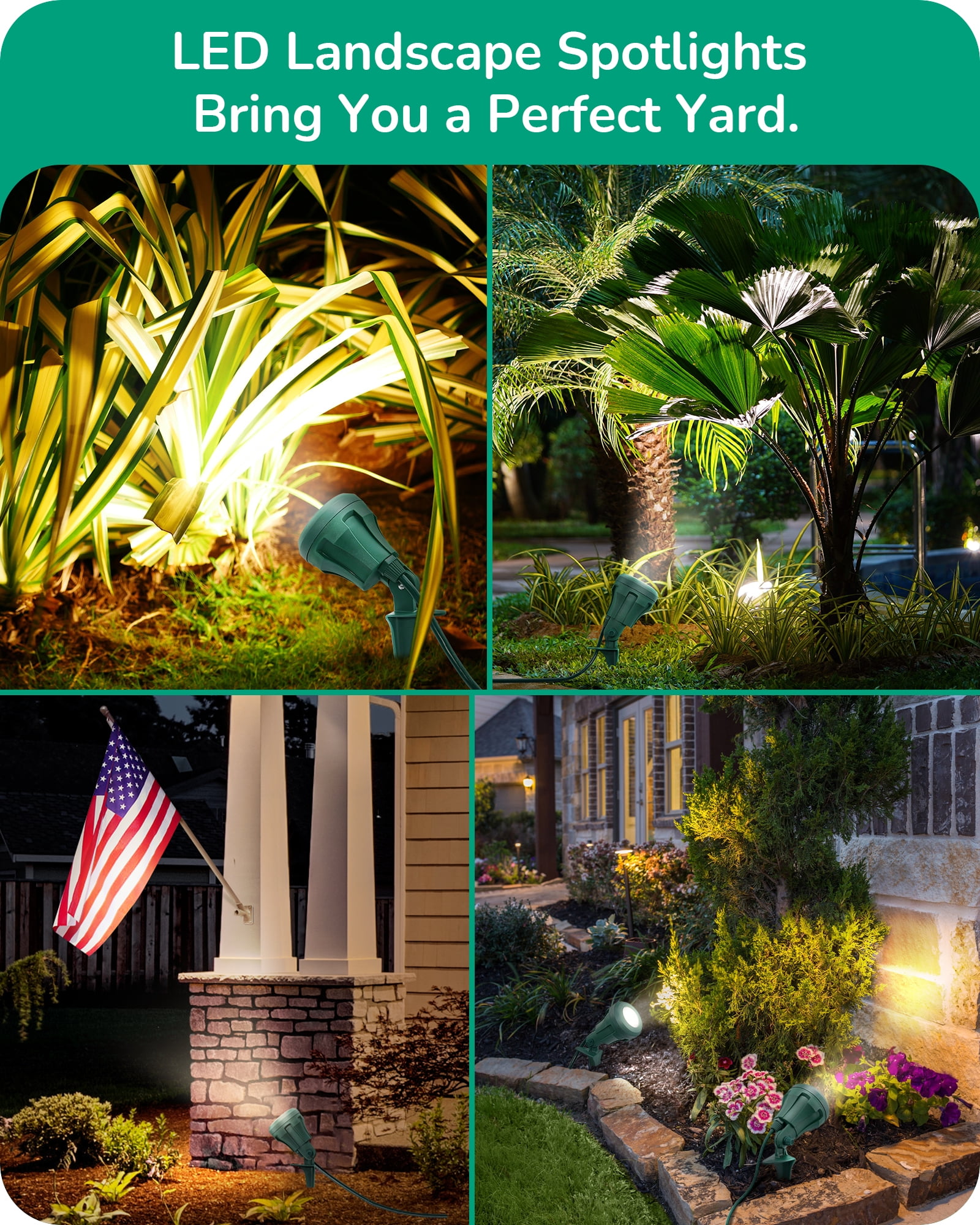 EDISHINE 4 Pack Garden Decor Spotlights Outdoor , LED landscape light with 3 Color Lenses Waterproof Electric plug in Light projector 400 Lumen, 5 FT Power Cord