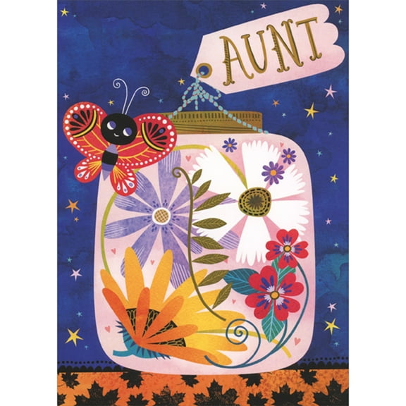 Designer Greetings Cute Butterfly with Jar Full of Flowers Against Night Sky Juvenile Thanksgiving Card for Aunt