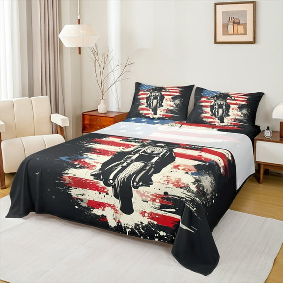 Manfei Boys Dirt Bike Twin Sheet Sets,Outdoor Extreme Sport Twin Fitted Sheet,Retro American Flag Flat Sheet Teens,Ultra Soft Home Decor,3 Pieces