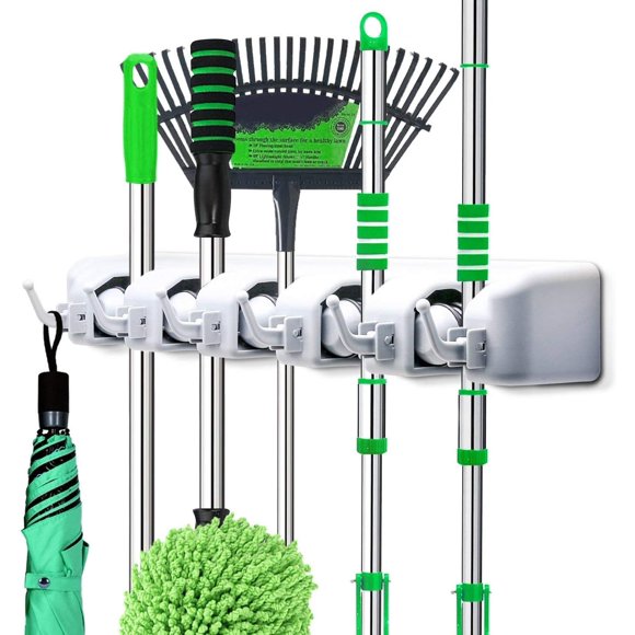 Mop and Broom Holder, Wall Mounted Garden Tool Organizer, Ideal Broom Hanger Tool Rack Storage for Kitchen, Garage, Laundry Room - 5 Position 6 Hooks