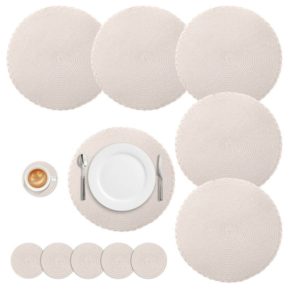Round Placemats Set of 6 Woven Round Table Mats with Coasters 13 inch Braided Border Washable Cotton Polyester Circle Place Mats