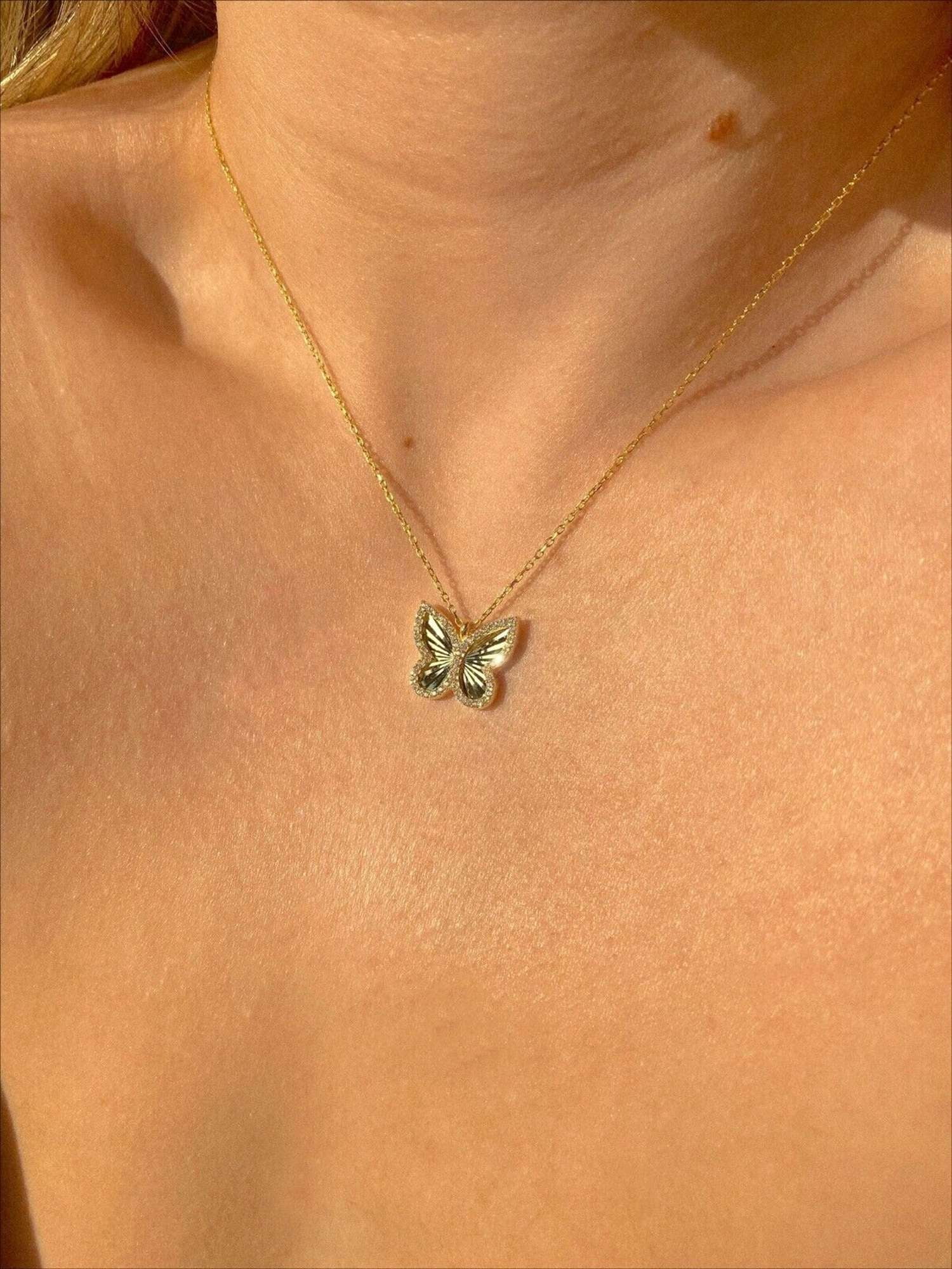 1CT Simulated Diamond 925 Silver Women's Butterfly Pendant 14k Yellow Gold Plated