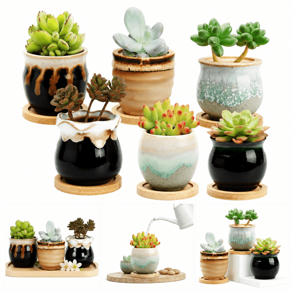 2.1 Inch Small Succulent Pots with Drainage Holes, Cute Plant Pots Ceramic Flowing Glaze Mini Flower Pots, Small Planter Succulent Planters for Live Succulents Plants, 6 Pack Mini Plant Containers wi