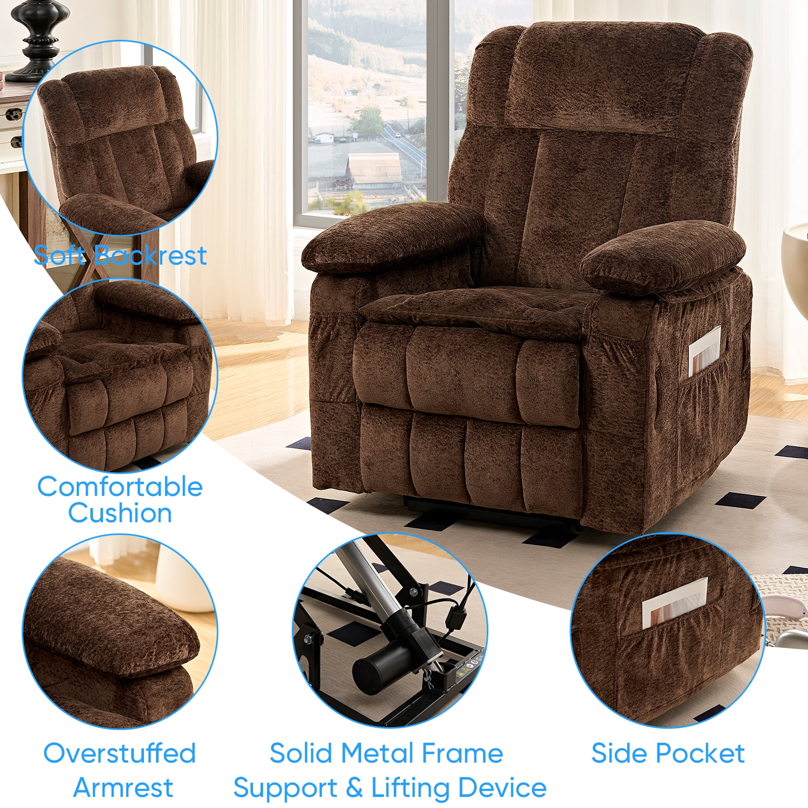 Puremind Power Lift Recliner Chair with Heating and Message for Elderly, Dual Motor Electric Lift Recliner Sofa for Living Room/Bedroom, Brown