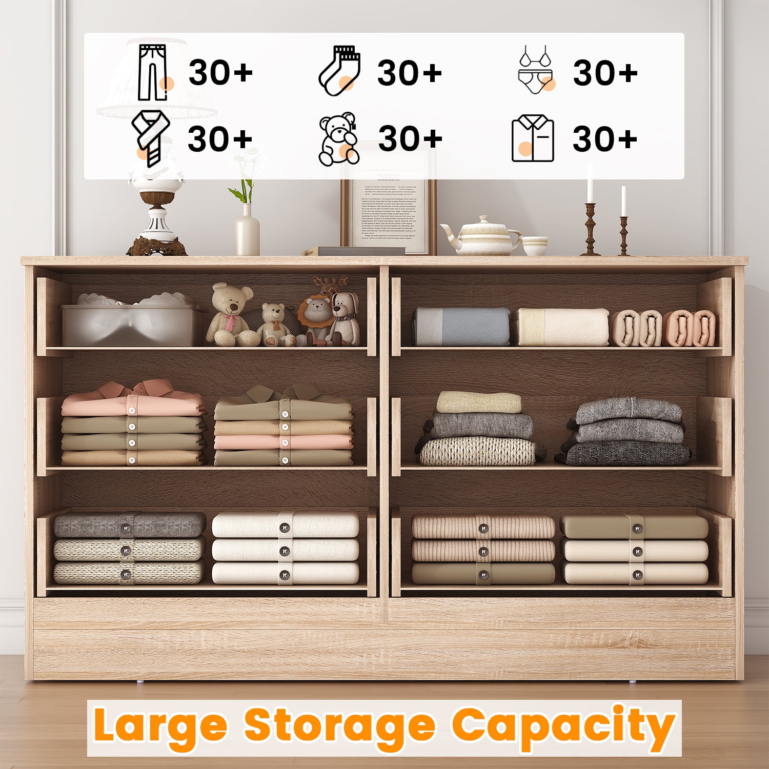 Winkalon 6 Drawer Oak Double Dresser,Wood Storage Cabinet with Easy Pull Out Handles for Living Room,Chest of Drawers for Bedroom