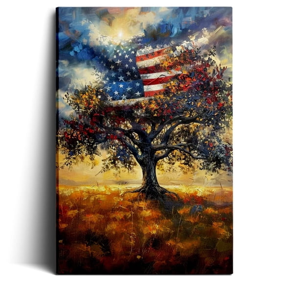 Topbout Art American Flag Tree Patriotic Vintage Canvas Wall Art Gallery Wrapped for Bedroom 12*8 inch