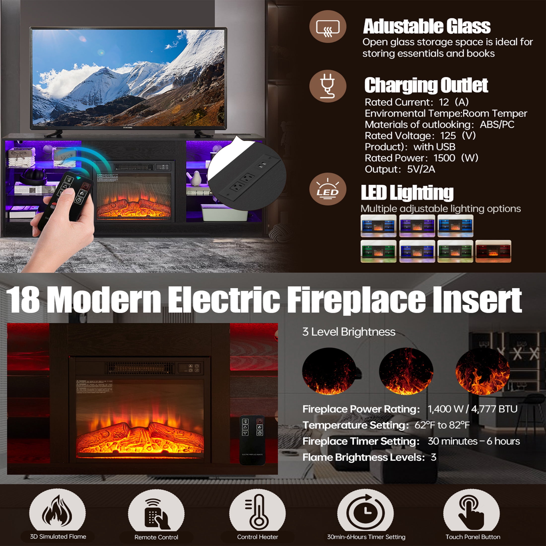 Aukfa Fireplace TV Stand for TVs up to 65" with LED & USB Charging Outlet for Living Room, Black