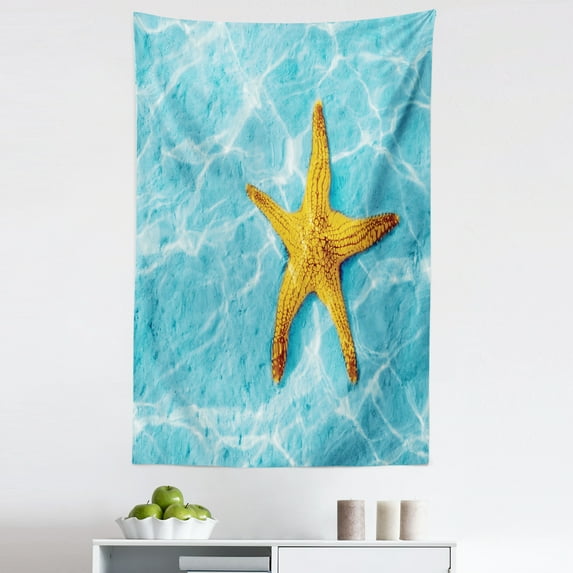 Underwater Tapestry, Aquatic Coastal Concept Rippling Water Silhouettes and Starfish, Fabric Wall Hanging Decor for Bedroom Living Room Dorm, 5 Sizes, Deep Sky Blue and Mustard, by Ambesonne