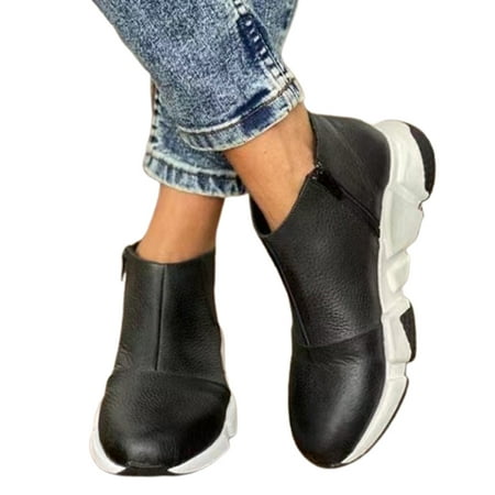 

Women PU Leather Boots Pointed Toe with Side Zipper Thickened Sole Low Heel Ankle Booties