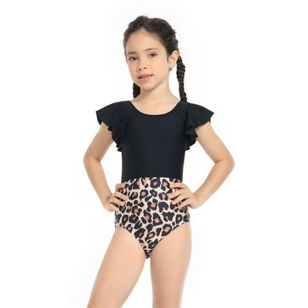 

Gubotare Teen Kids Girls Swimsuits OnePiece Kids Black Swimsuits Chest Pads Girl Sun Ruffler Sleeves Floral Cow Print Short Coffee 2-3 Years