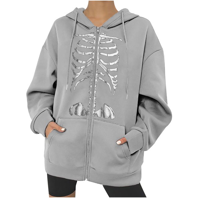 Chaqueta con capucha Punk suelta con cremallera y estampado de Halloween para mujer, abrigo, sudaderas con capucha, abrigo Pompotops qwe15333