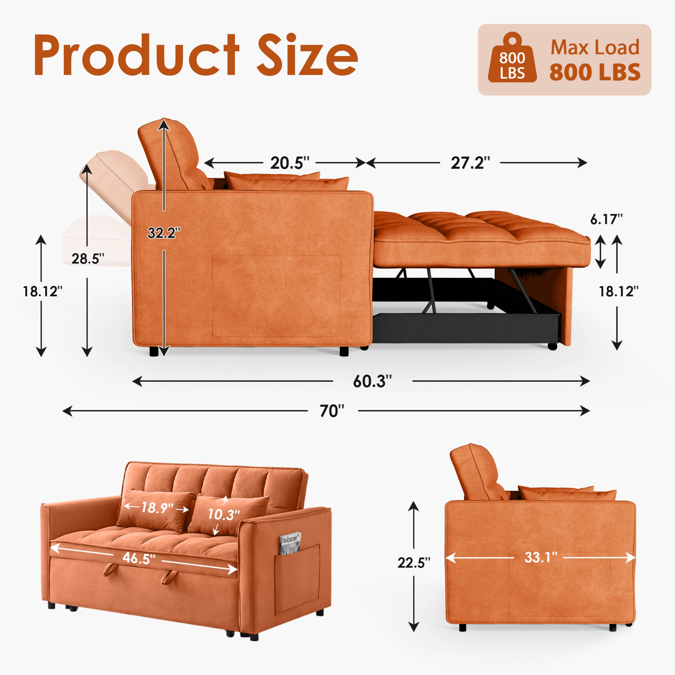 EPOWP Convertible Sofa Bed, 3 in 1 Pull Out Sleeper Loveseat Couch with Storage, Orange
