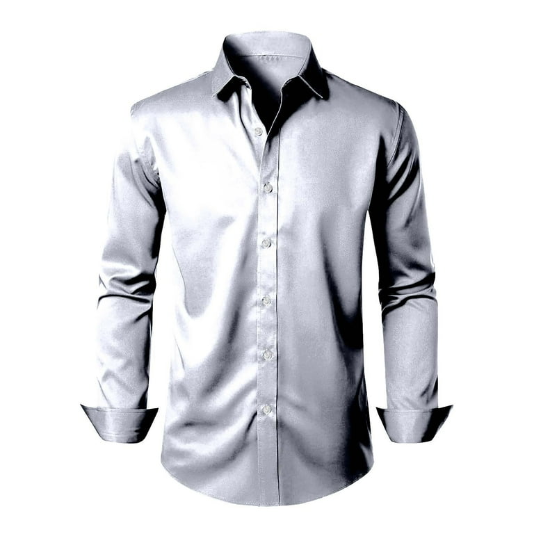 NTACZA Silver Shirt for Men Long Sleeve Button Down Solid Dress