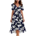 thumbnail image 2 of Uscallm Women Plus Size V Neck Short Sleeve High Low Floral Boho Midi Dresses A-Line Swing Vacation Beach Sundresses, Navy XL, 2 of 6