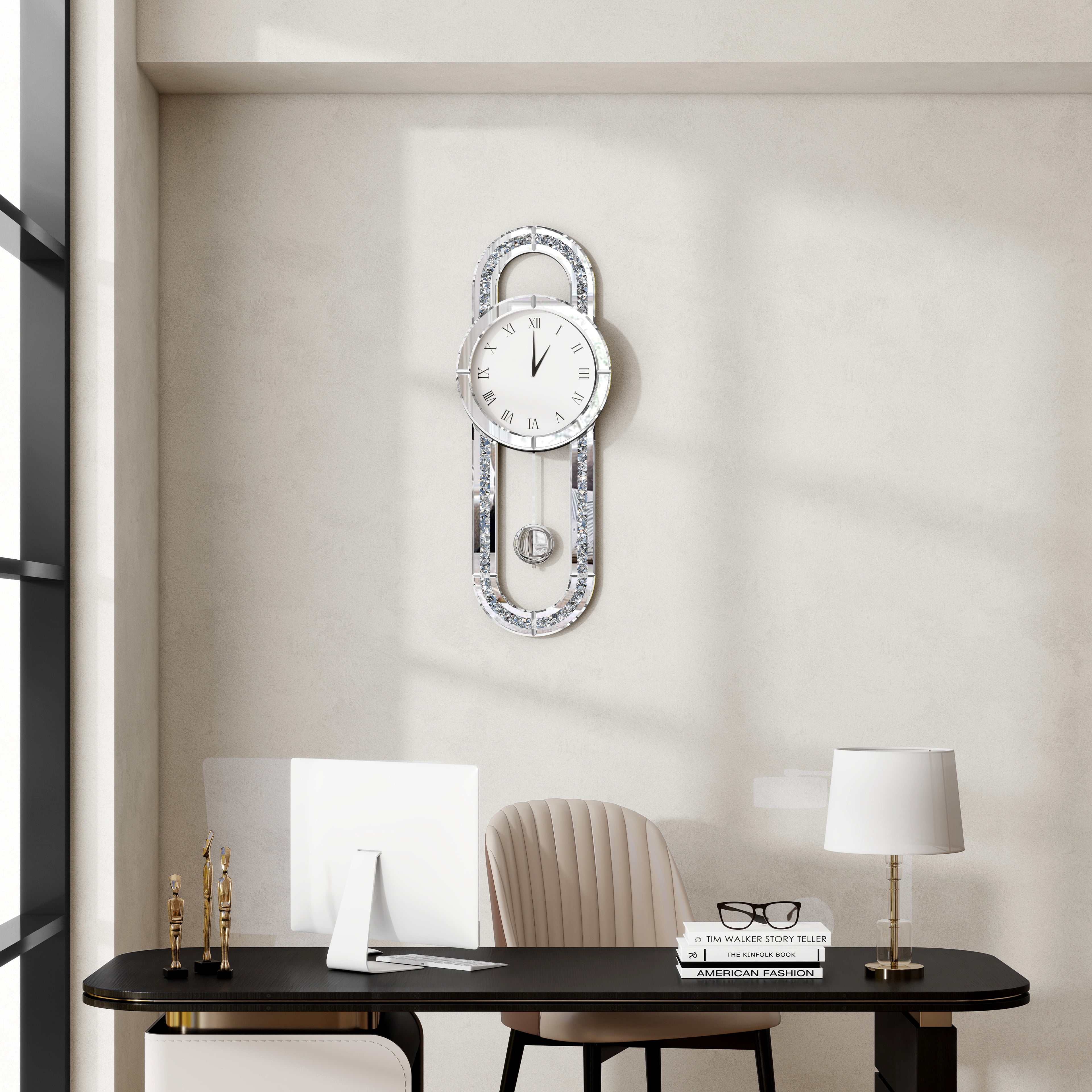 SHYFOY Oval Glass Wall Clock Crushed Diamond Inlay Oversized Clocks for Home Decor