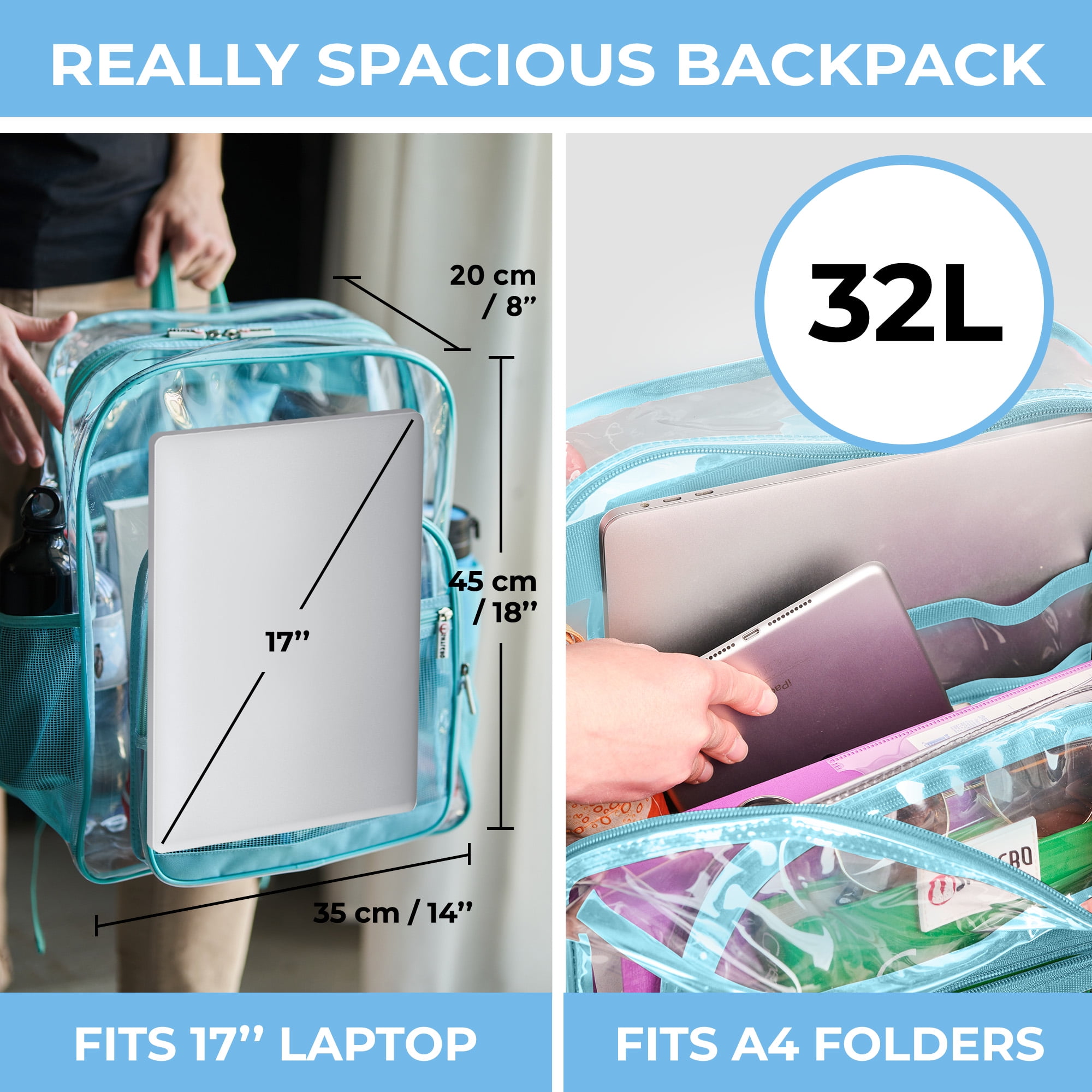 Clear Backpack For Work and School XL (32 L) | TSA Lock | 2-WAY Zip | Transparent PVC | H18