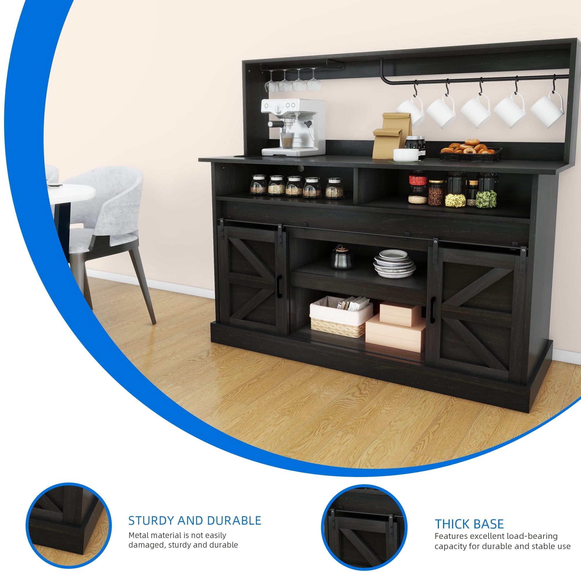 Uforic 52" Farmhouse Wine Cabinet, Sliding Barn Door Sideboard with Power Outlets & Goblet Holder (Black Oak)