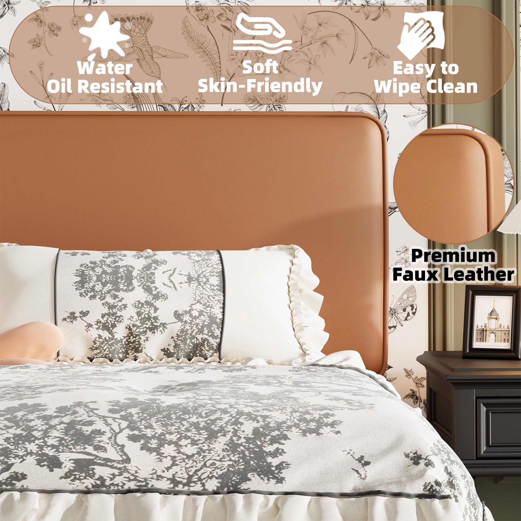 Frostbloom Full Bed Frame, Upholstered Faux Leather Platform Bed with Adjustable Headboard, Orange Brown