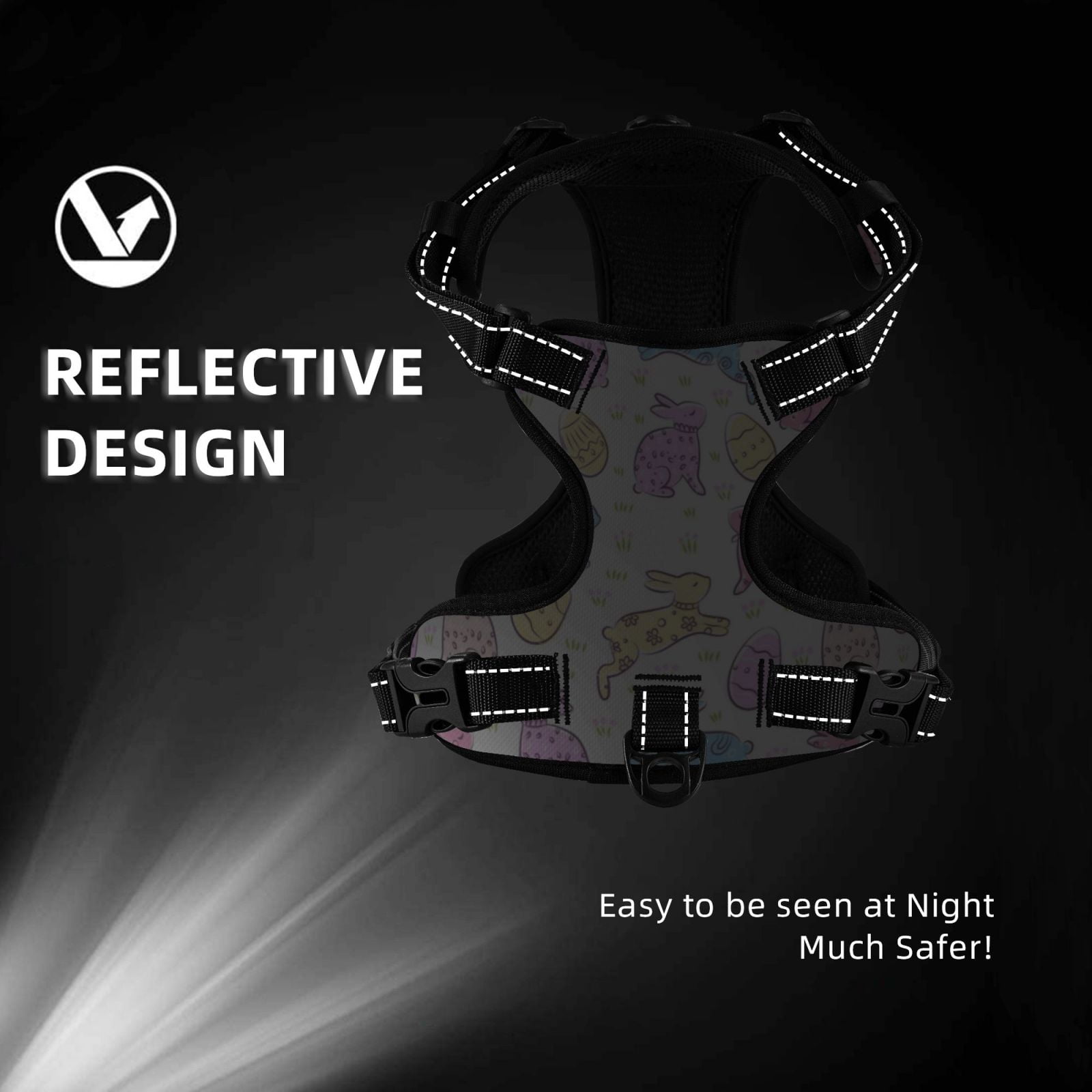Picia Easter Colorful Rabbit No-Pull Dog Harness Reflective Front Clip Vest with Handle,Step-in Air Dog Harness,Adjustable 2 Metal Rings 4 Buckles,Easy to Put on & Take Off Large
