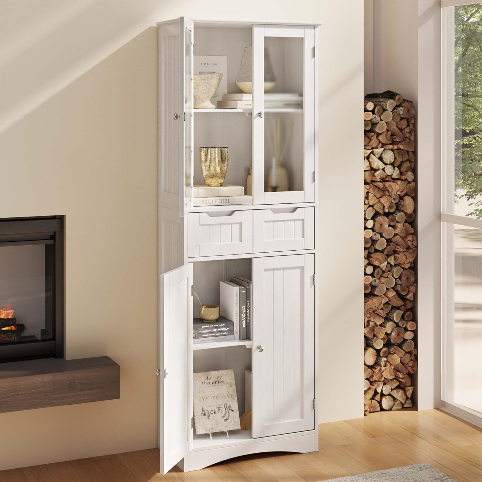 Pantry Cabinet,Lofka 67" Kitchen Pantry with Glass Door & Shelves & 2 Drawers, White