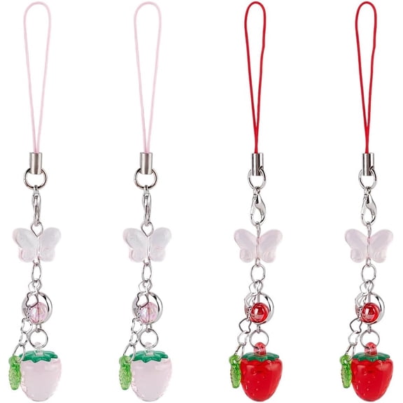 4pcs Cute Strawberry Butterfly Phone Charm Cell Phone Lanyard String Fruit Phone Charm Strap Phone Charm Accessories for Phone Purse Backpack Bag Keychain Camera Pendants Decor Mixed Color