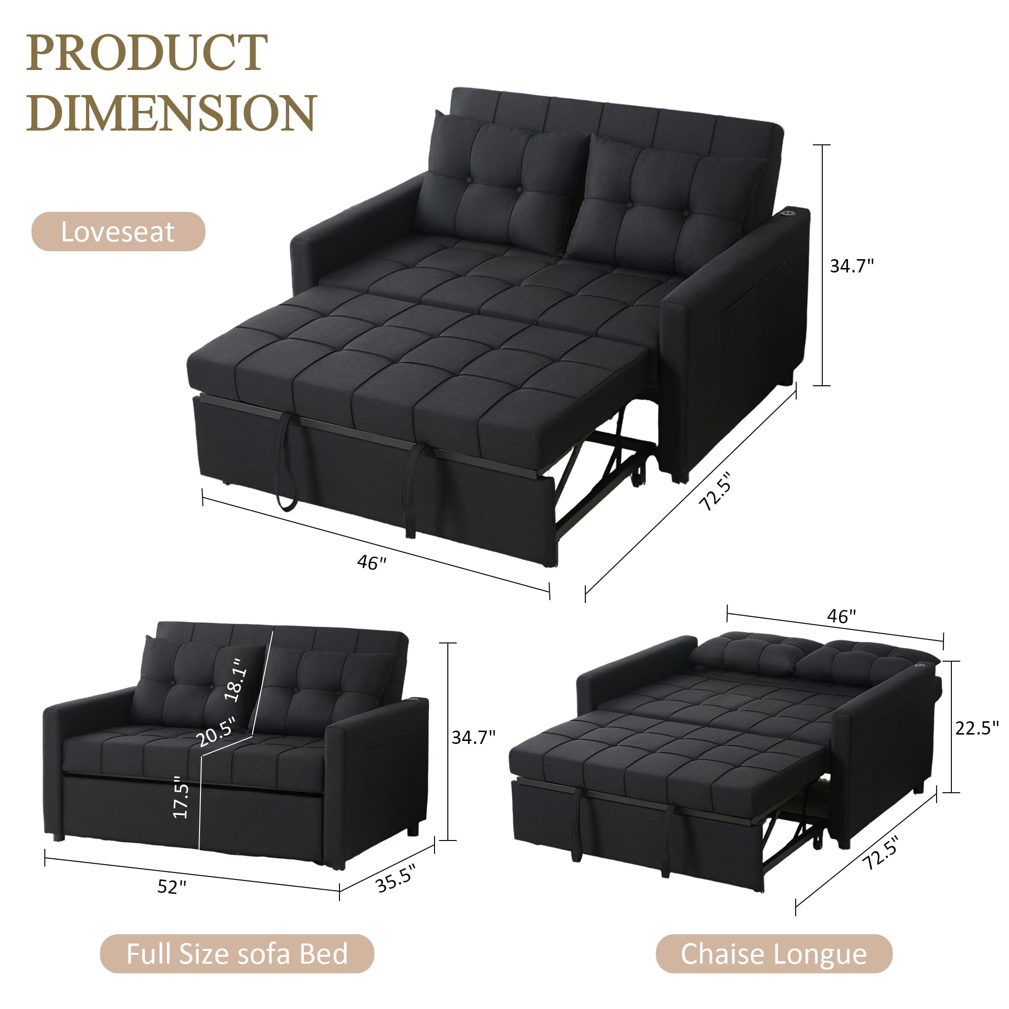 LAKPS 52" Linen 3-in-1 Convertible Sleeper Sofa with Pull-Out Bed, Stepless Adjustable Backrest & Side Pocket - for Family, Living Room, Dorm, Apartment, Linen, Black