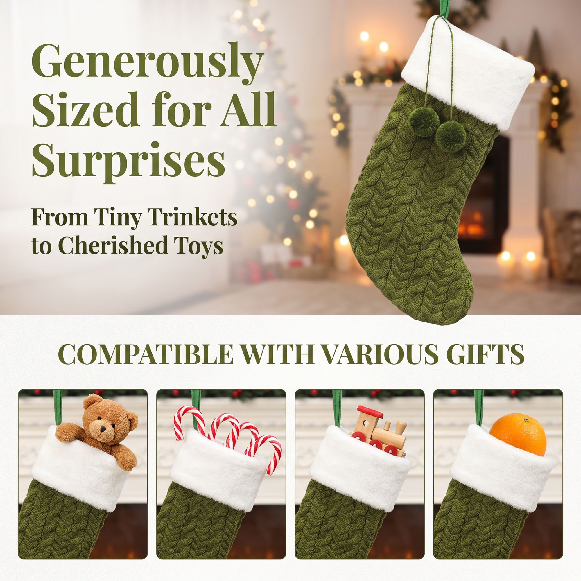 Unique Bargains Pom-Poms Stocking Luxury Knitted Sock Green 16"