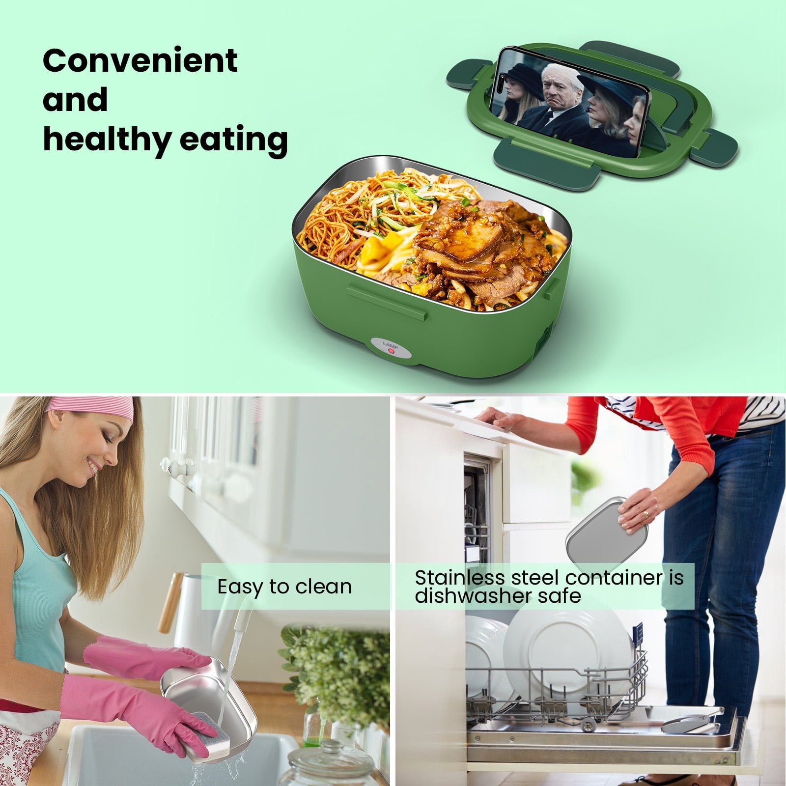 Electric Lunch Box Food Heater for Work, 80 W Food Warmer for Car Truck Travel with 2 Stainless Steel Containers 1.5 Liters Potable Self Heating lunch Box for Adults lonchera eléctrica portátil