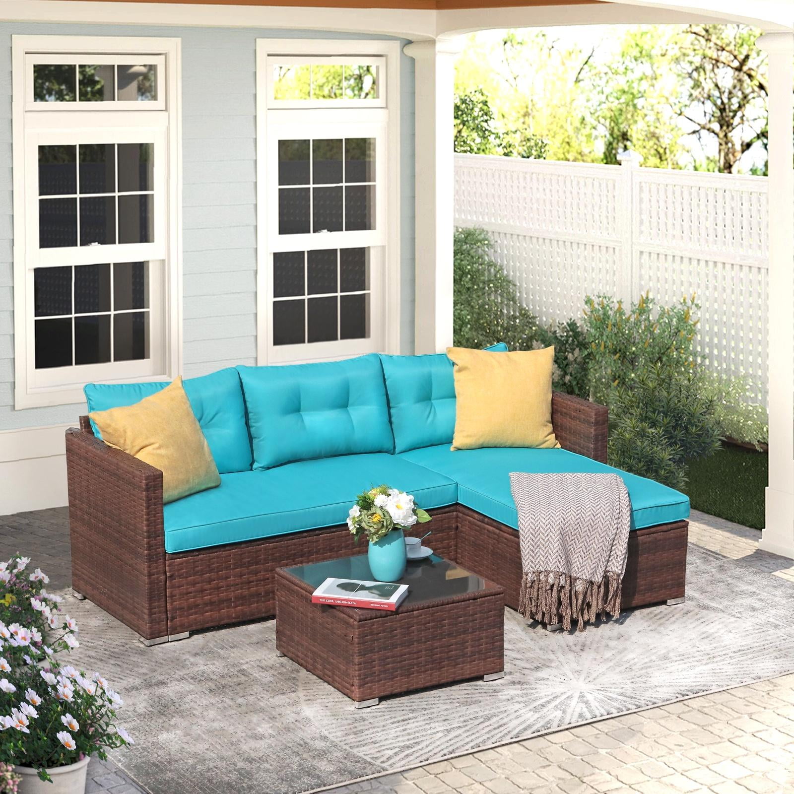 JOIVI Patio Set, PE Wicker Rattan Outdoor Conversation Set, Tempered Glass Coffee Table, Blue