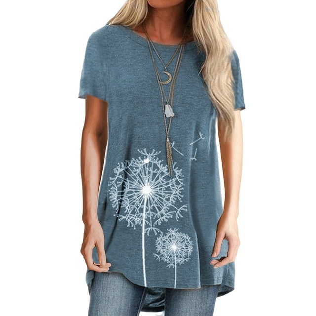 MAWCLOS Femmes Tee Manches Courtes T-Shirt Pissenlit Tops en Vrac Vacances Col Rond Pull Bleu XXL