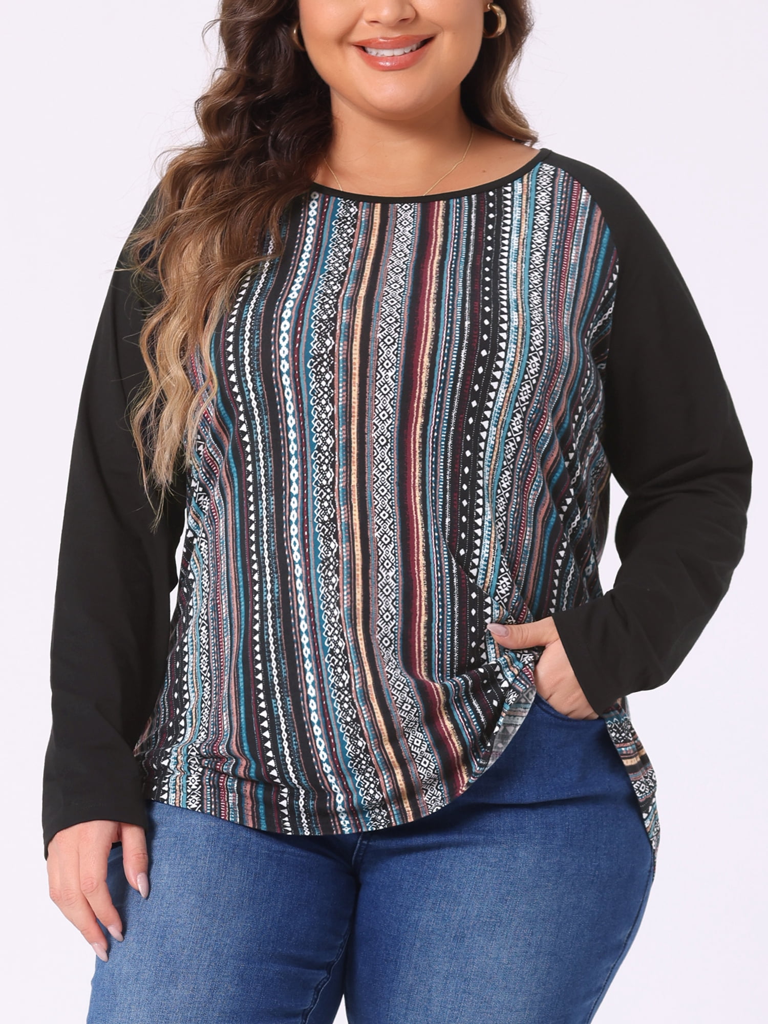 DARING DIVA Women's Plus Top Long Sleeve Relaxed Fit T-Shirt Blouse 1X Blue