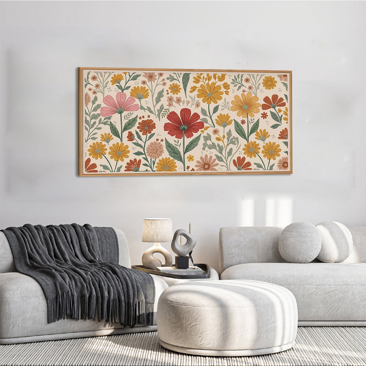 Boho Flower Wall Art Floral Wall Decor Framed Bloom Wall Painting Colorful Botanical Canvas Artwork for Living Room Bedroom Office 20X40 In