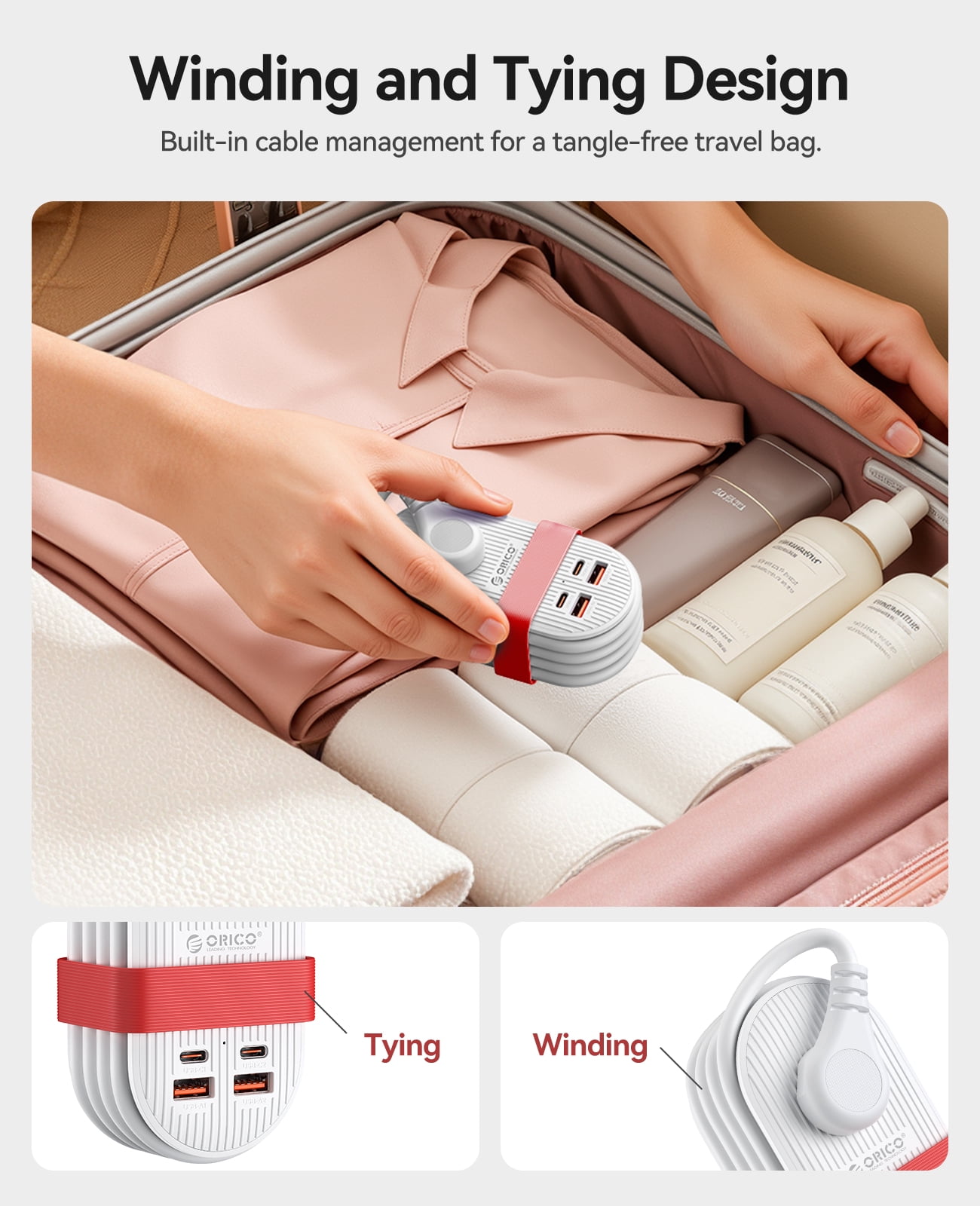 ORICO 65W 7-in-1 Portable Travel Power Strip with USB Ports – 4.4ft Flat Plug Extension Cord with 3 AC Outlets, 2 USB-A, 2 USB-C , Cruise Ship Approved Compact Charging Station(65W,WHITE)