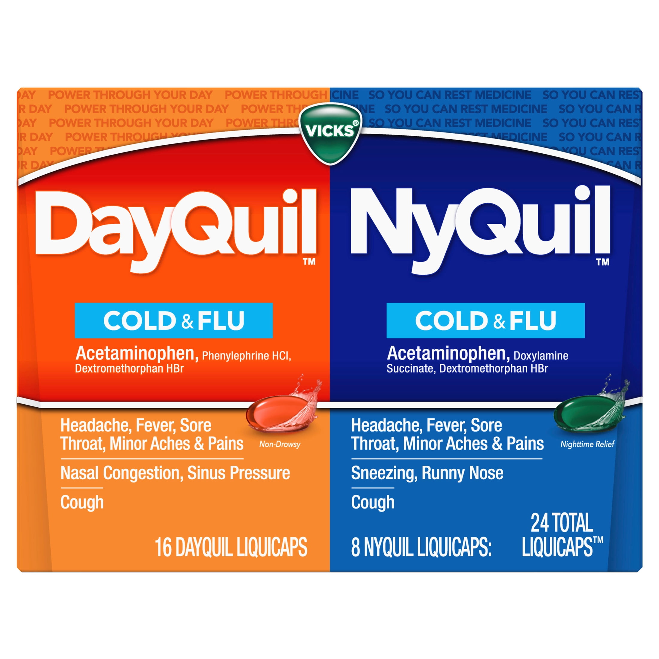 Vicks DayQuil and NyQuil Cold and Flu Liquicaps, Cold and Flu Medicine for Adults, 24 Count