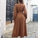 thumbnail image 4 of Vestido de mujer con manga farol, cintura alta, cinturón, plisado, con cuello en V, para invierno, otoño, señora, niñas, café L, 4 of 6