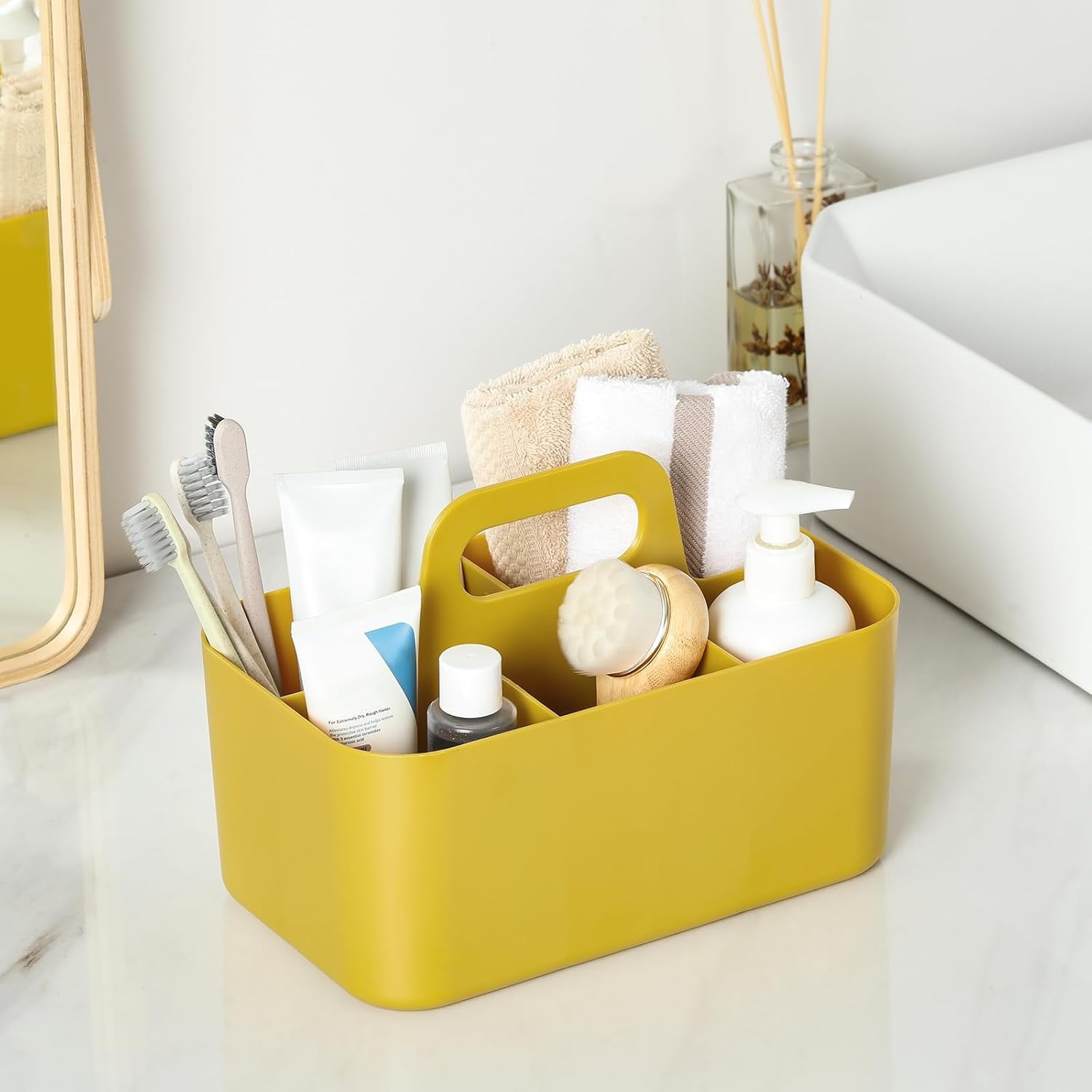 Multiuse Caddy Organizer with Handle - Stackable Plastic Tote Bin - Art Craft Supplies, Office, Desk, Stationery Pen Holder, Kitchen, Utensil, Makeup, Bathroom, Shower, Cleaning