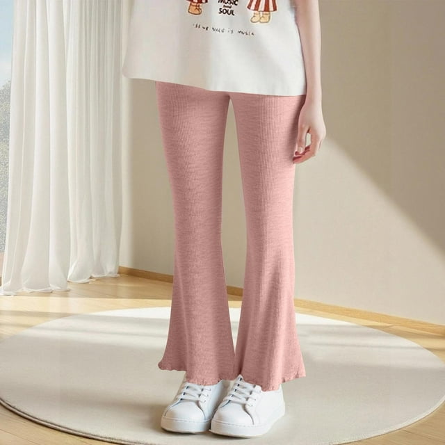 Cowsor Girls Pants Kids Ribbed Flare Pants High Waist Bell Bottoms