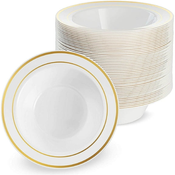 Matana Reusability Party Bowls with Gold Rim, Plastic White, 25 Count