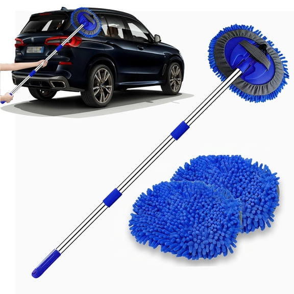 47.5" Car Wash Brush Mop Cleaning Tool with Long Handle Kit，2 in 1 Chenille Microfiber Sponge Duster Not Hurt Paint Scratch Free for Washing Cars Truck SUV RV Caravans and Household(2 x Mop Head)