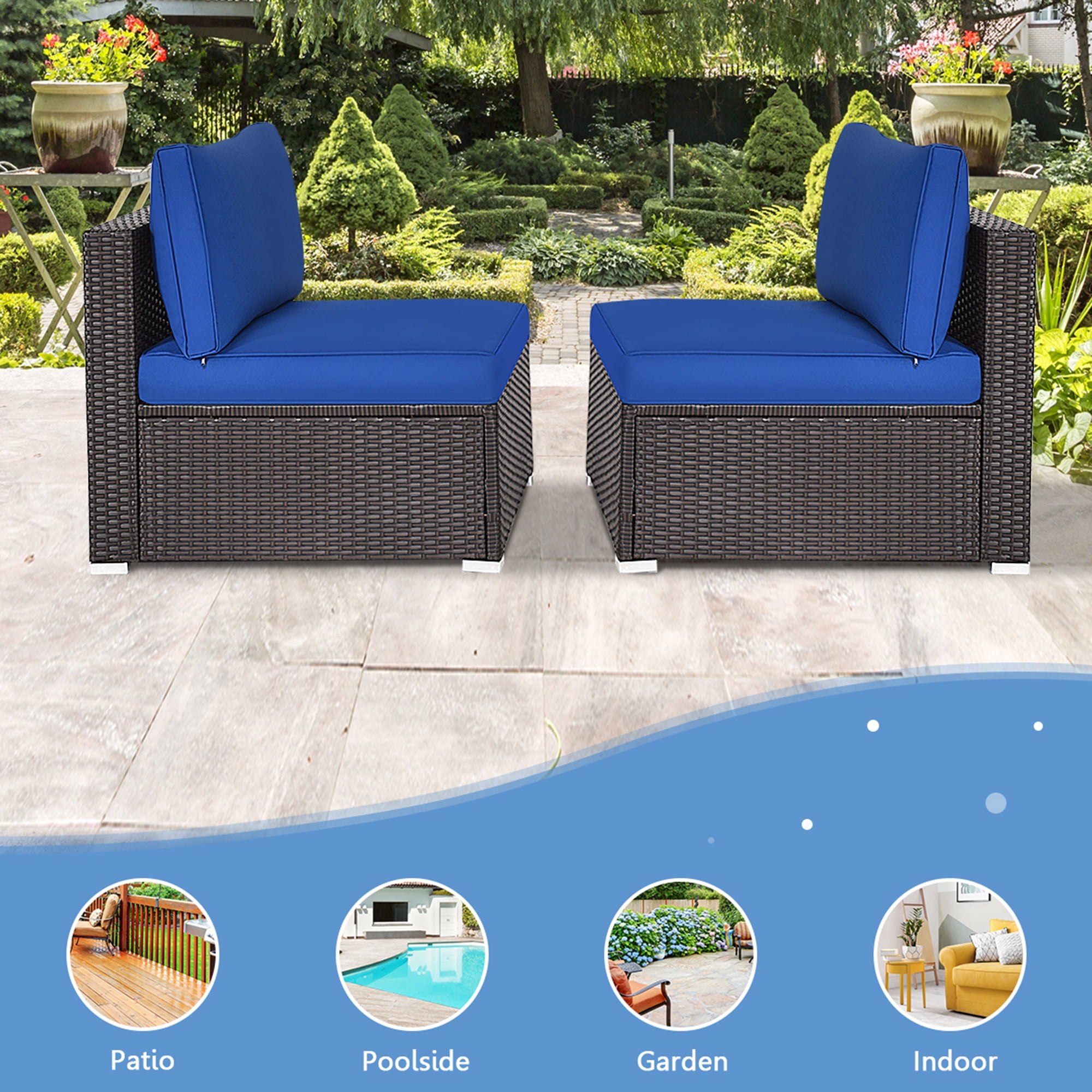 Gymax 2PCS Patio Sectional Armless Sofas Rattan Furniture Set Outdoor w/ Cushions