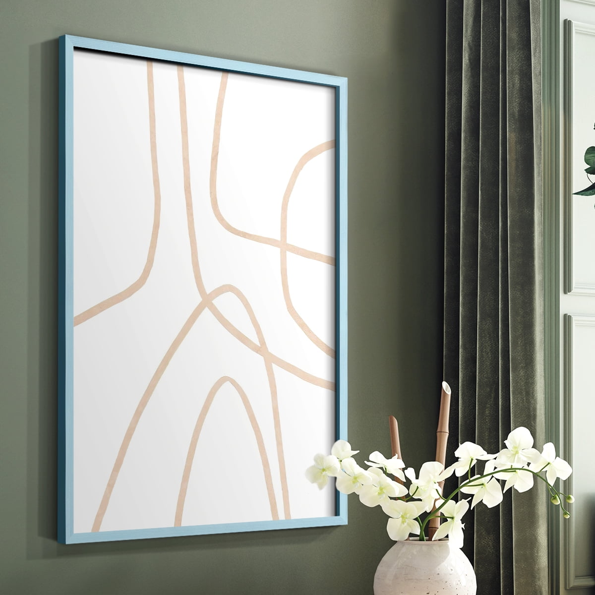 Clean Contour II Framed Print in Blue Solid Wood Framed Print No Nail Hanging