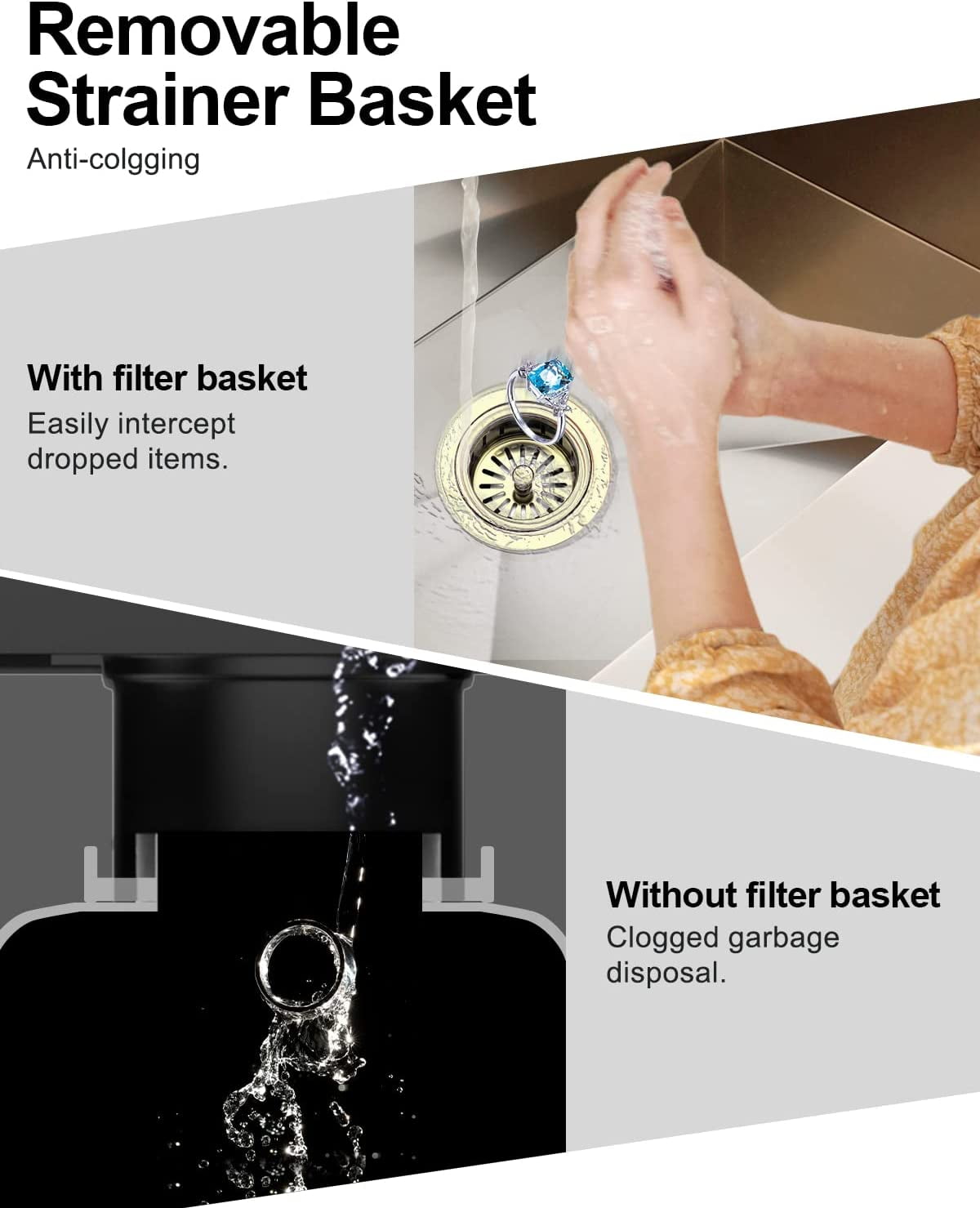 Extended Garbage Disposal Flange Basket Strainer Stopper, Deep 304 Stainless Steel Kitchen Sink Flange Stopper for 3-1/2 Inch Standard Sink Drain Hole, Bright Gold Deep Sink Disposal Strainer