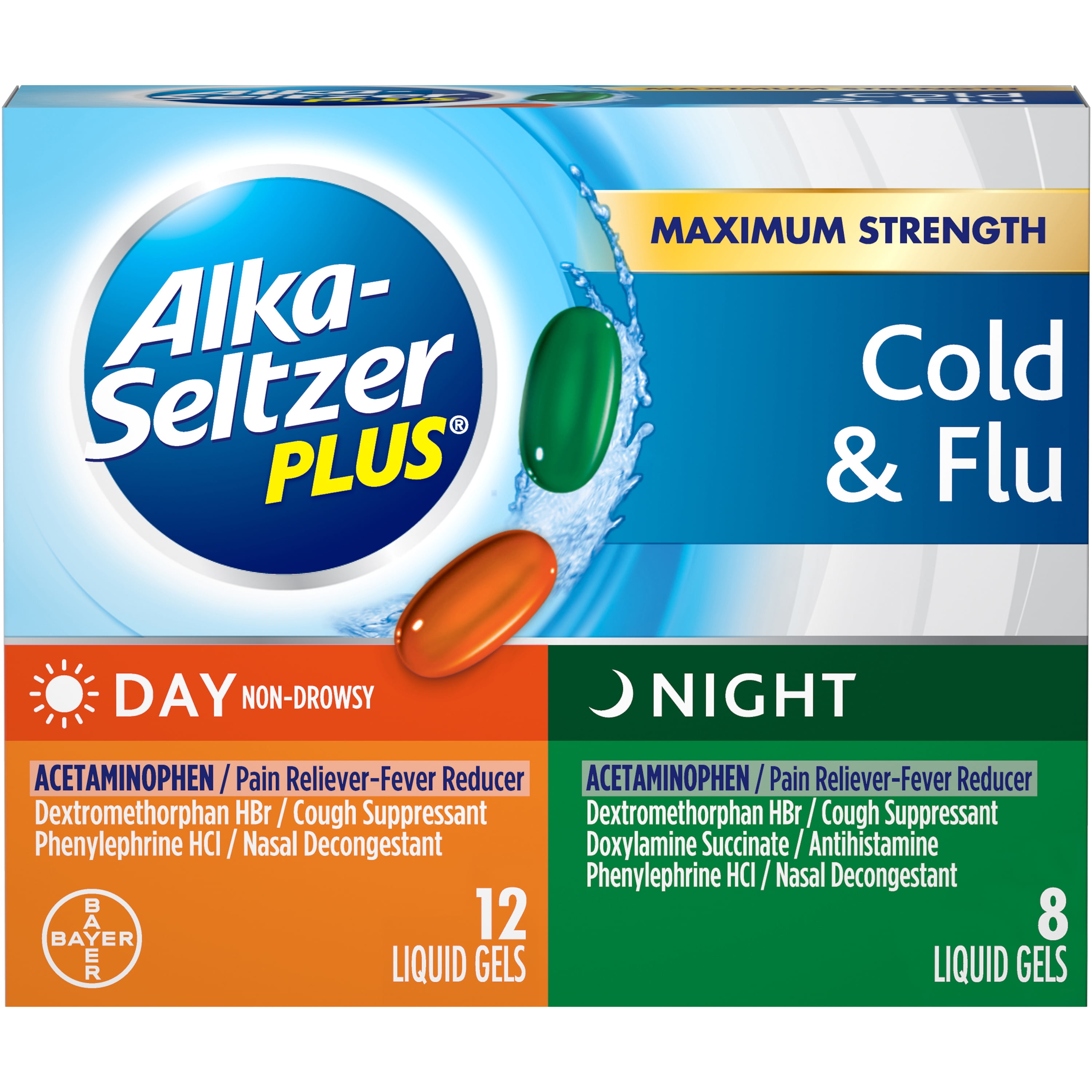 Alka-Seltzer Plus Maximum Strength Cold & Flu Medicine, Day + Night, Liquid Gels, 20 Count