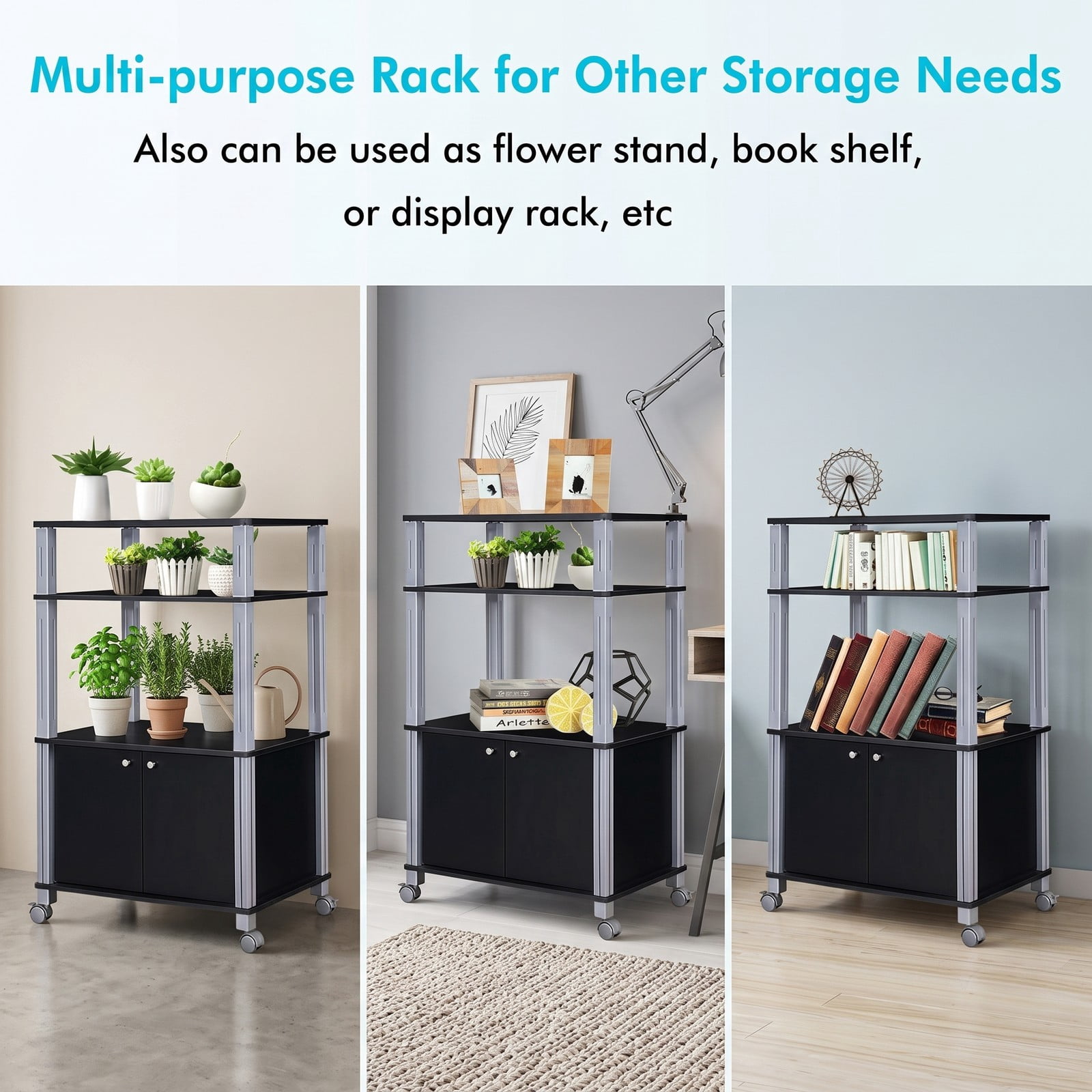 RUIE 3-Tier Microwave Stand with 2-Door Cabinet, Rolling Kitchen Storage Cart for Dining Room, Black