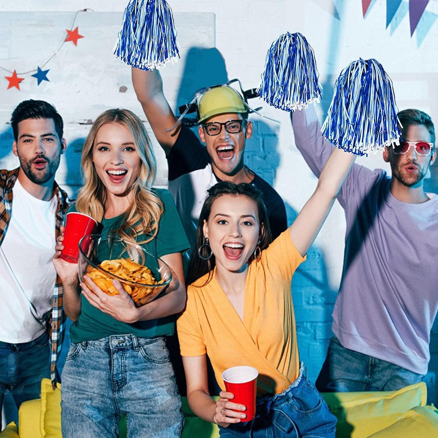 LINLIN 12Pcs Handheld Cheerleading Pom Poms, Metallic Foil Cheerleader Pompoms Hand Flowers for Team Spirit Sports Games Dance Party - Durable & Lightweight