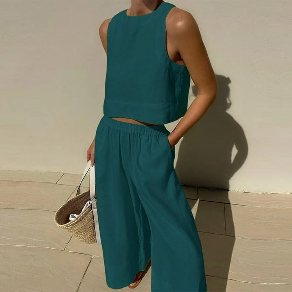 successthop Womens 2 Piece Outfits for Summer Solid Color Linen Crewneck Sleeveless Tank Top and Wide Leg Long Pants Basic Travel Pajamas Lounge Set Loungewear Summer Outfits
