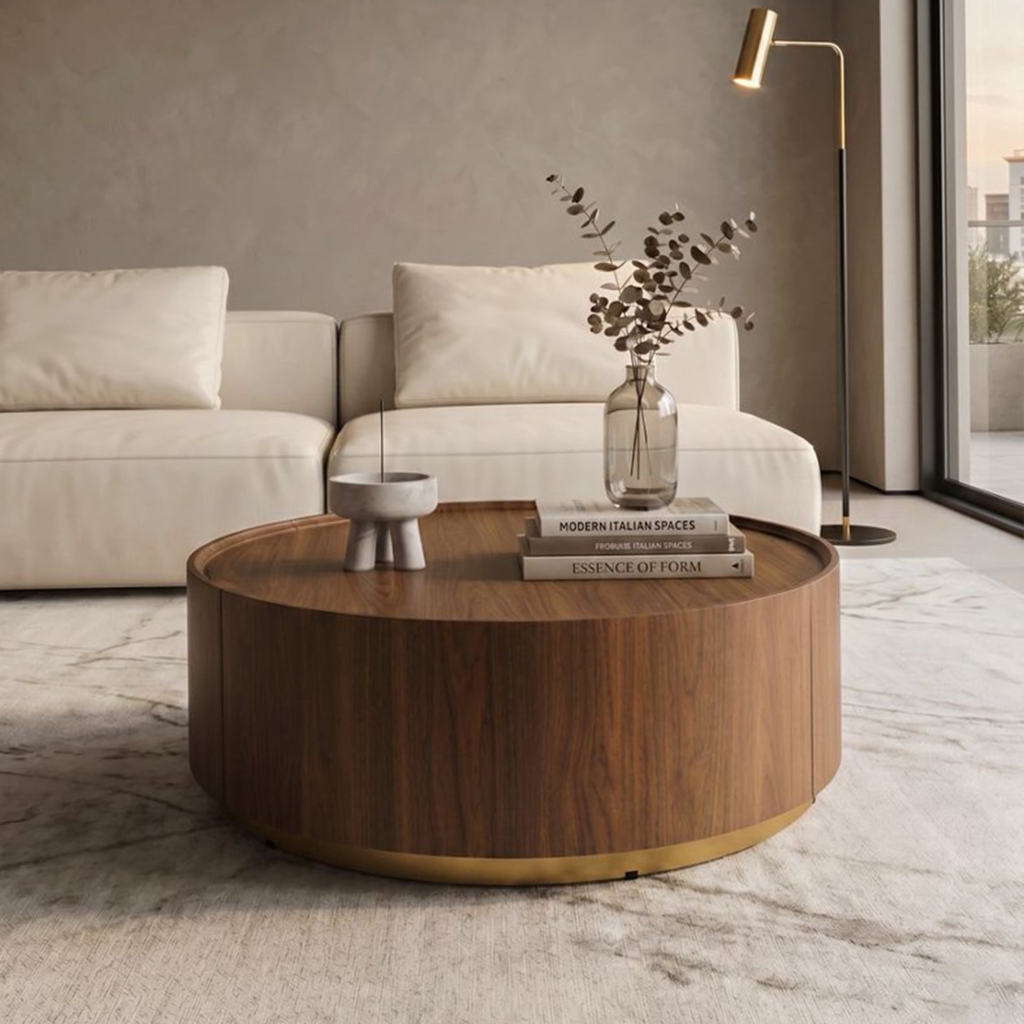 Leumius Modern Round Coffee Table with 2 Hidden Storage Drawers, Walnut Wood Finish Drum Circle Coffee Table with Storage for Living Room Bedroom