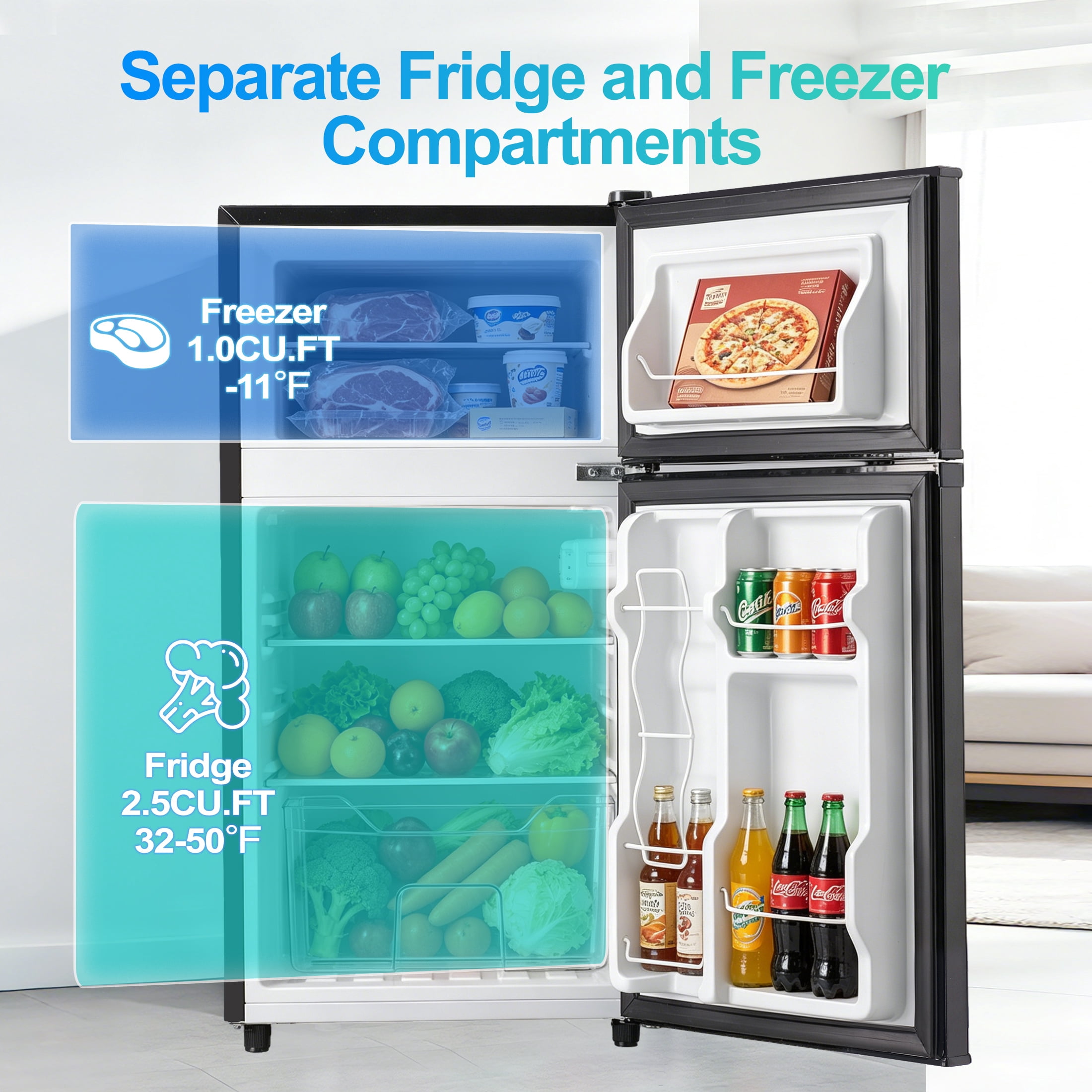 3.5 Cu ft Two Door Mini Fridge with Freezer,Apartment Size Refrigerator,Dark Grey,New