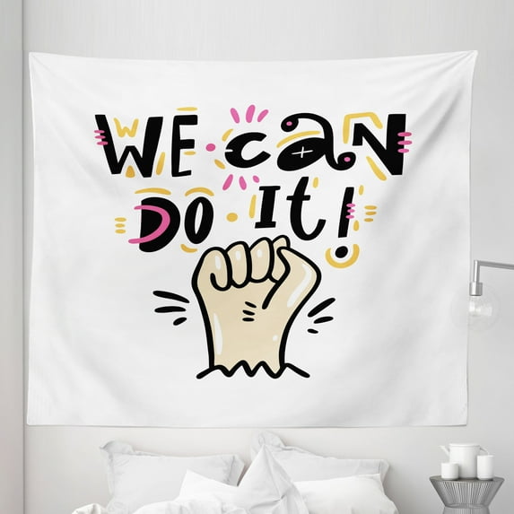 Feminism Tapestry, We Can Do It Slogan Women Empowering Movement Hand Drawn Illustration, Fabric Wall Hanging Decor for Bedroom Living Room Dorm, 5 Sizes, Beige Pink and Marigold, by Ambesonne
